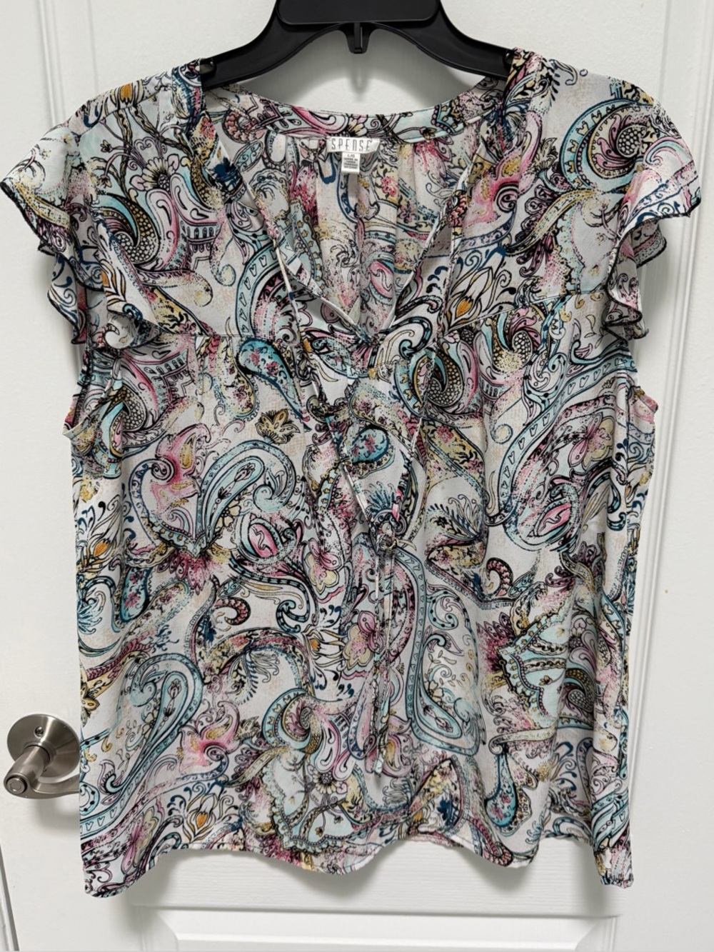 Spense Multicolor Paisley Flutter Sleeve V-Neck Top with ties, Size large,